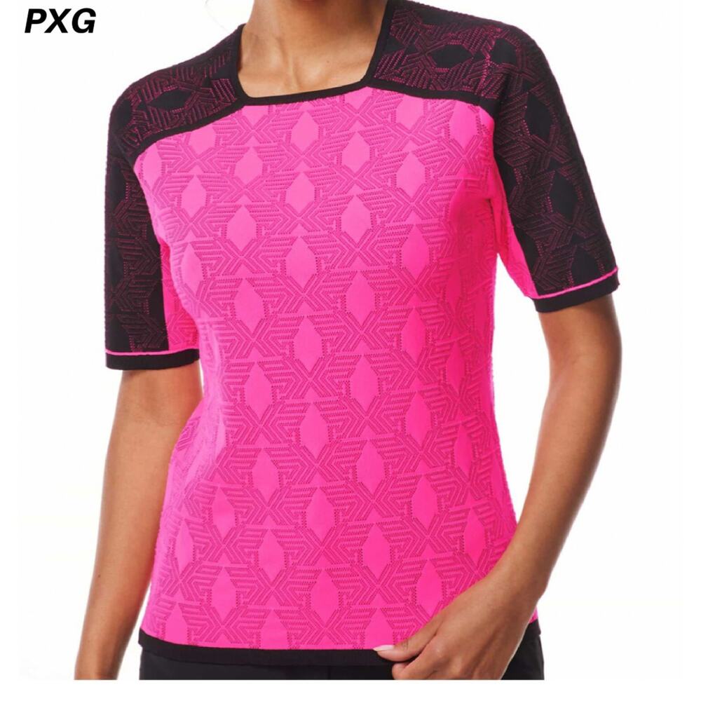 NWT PXG Women’s Shadow Jacquard Knit Top Black Pink Golf Performance M
